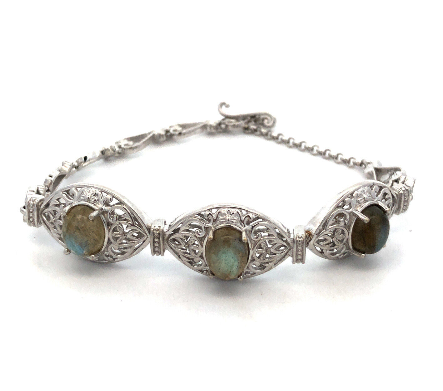 Designer STS Karis Silver Plate Oval Labradorite Open Work Scroll Heart Bracelet