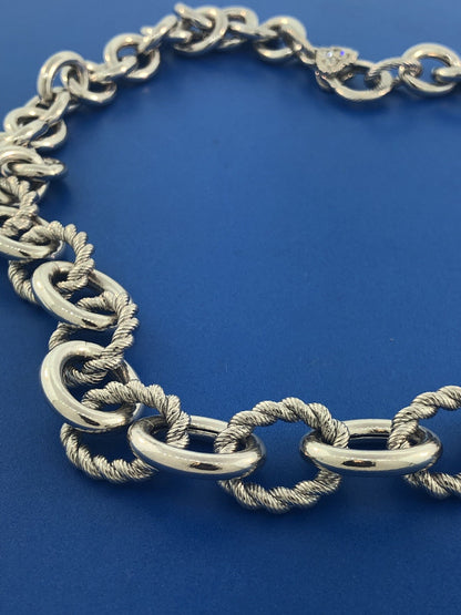 Judith Ripka JR Sterling Silver Textured Polished Rolo Link Diamonique Necklace