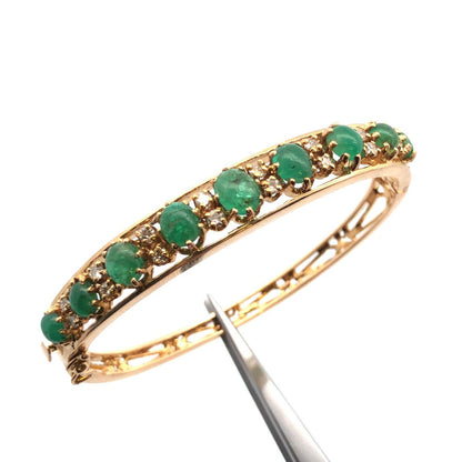 Designer 14k Yellow Gold Cabochon Emerald Diamond Hinged Cuff Bangle Bracelet