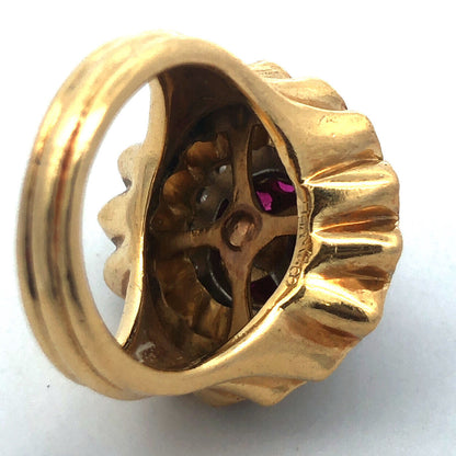 Vintage Artisan 18 Yellow Gold Ruby Diamond Cluster Dome Statement Cocktail Ring