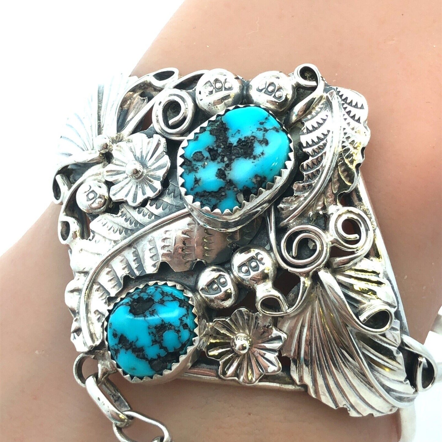 Harry B Yazzie Navajo Sterling Silver Turquoise Squash Blossom Slave Bracelet