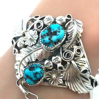 Harry B Yazzie Navajo Sterling Silver Turquoise Squash Blossom Slave Bracelet