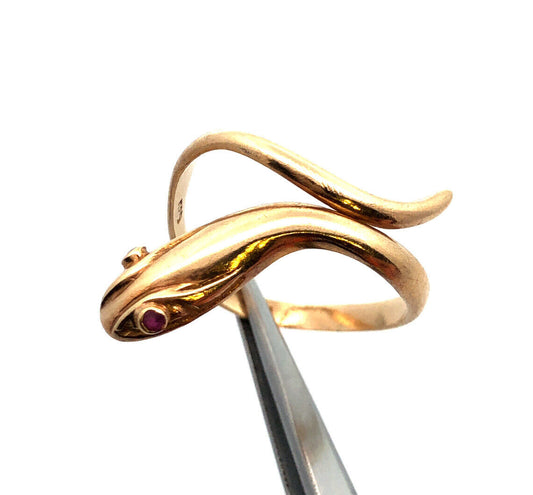 Vintage 14K Yellow Gold Ruby Polished Snake Bypass Size 9 Cocktail Ring