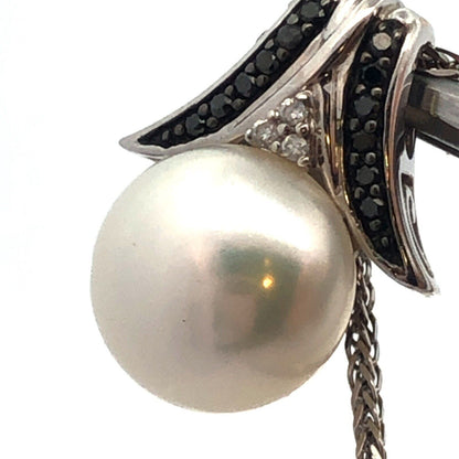 Elegant 14K White Gold Pearl Diamond Black Diamond Bridal Pendant Necklace