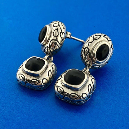 Vintage 925 Sterling Silver Black Onyx Leaf Scroll Balinese Drop Dangle Earrings