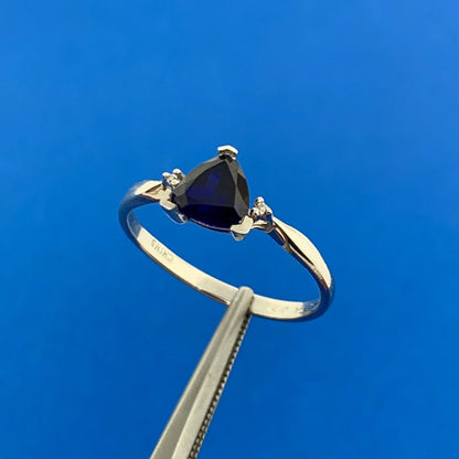 10K White Gold Trillion Cut Sapphire Diamond Accented Size 7 Ring