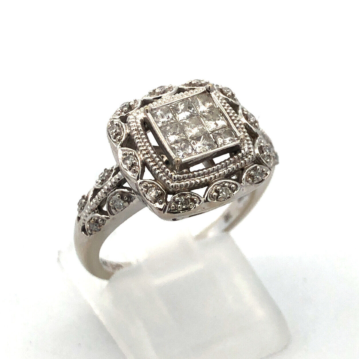 Designer JTC 14K White Gold Princess Cut Diamond Detailed Square Engagement Ring