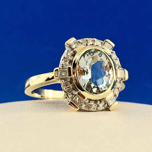 Designer 10K Yellow Gold Aquamarine Diamond Halo March Birthday Anniversary Ring