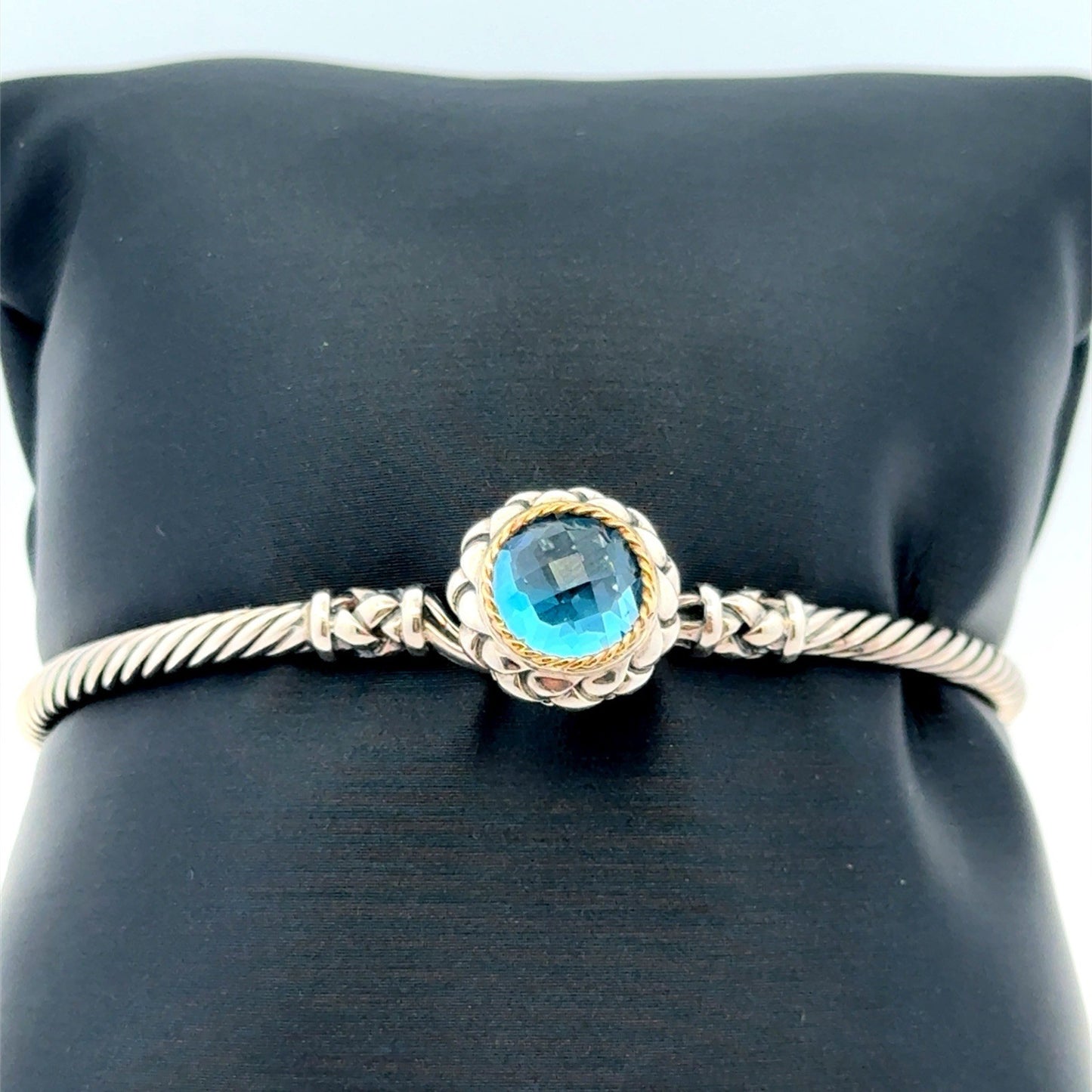 EFFY 925 Sterling Silver 18K Solitaire Blue Topaz Twisted Wire Hook Bracelet