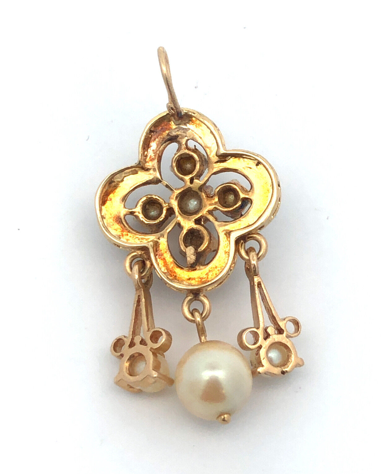 Estate 14K Yellow Gold Round Pearl Blue Enamel Drop Dangle Pendant