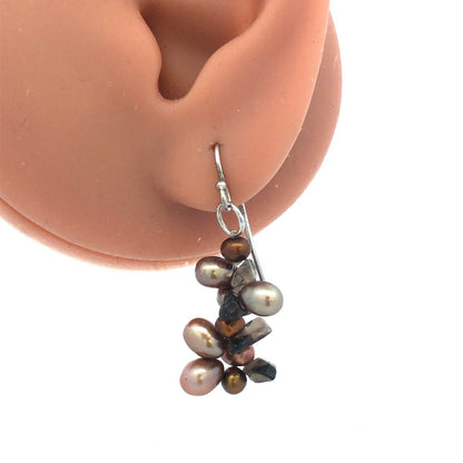 Designer 925 Sterling Silver Pearl Smoky Topaz Cluster Dangle Drop Hook Earrings