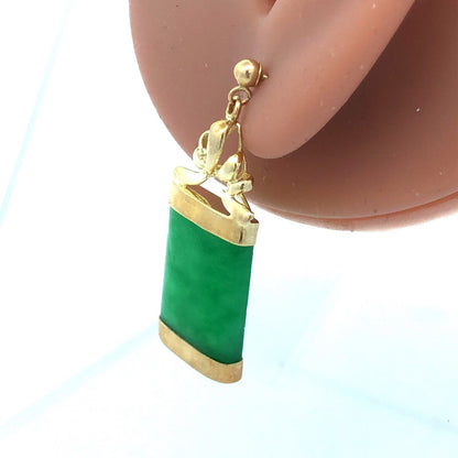 Estate 14K Yellow Gold Green Jade Rectangle Drop Dangle Stud Earrings