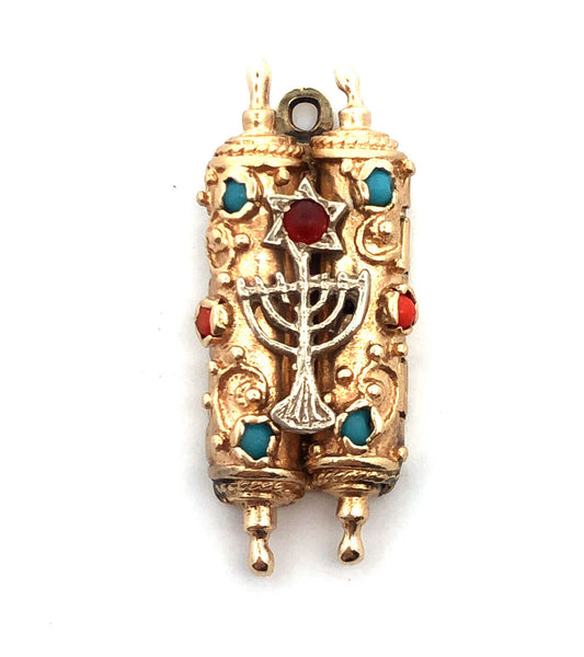 Vintage 14K Yellow Gold Turquoise Coral Mezuzah Menorah Judaica Pendant