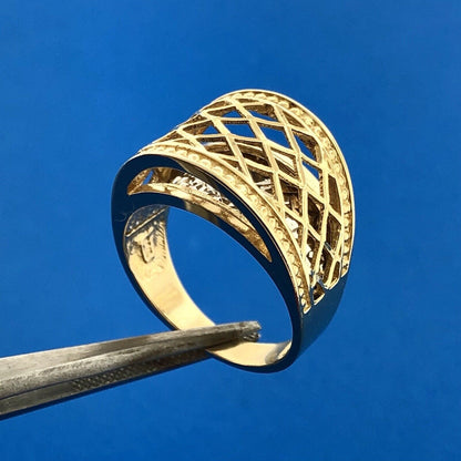 Designer 14K Yellow White Gold Diamond Cut Lattice Work Illusion Dome Ring