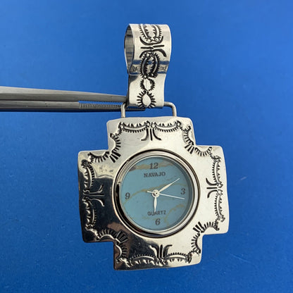 Old Pawn Navajo Uncle Sam W. 925 Sterling Silver Concho Cross Pendant Watch