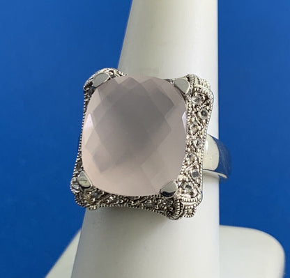 Estate Cushion Cut Rose Quartz Sterling Silver Diamond Accents Statement Ring