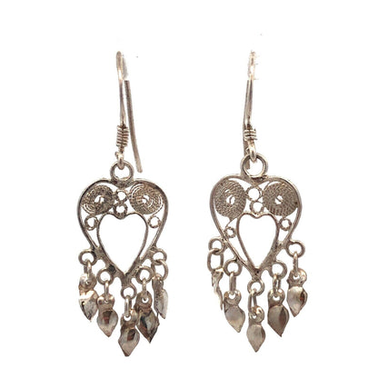 925 Sterling Silver Filigree Heart Dangle Hook Earrings