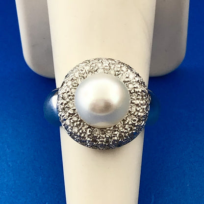 Gorgeous 18k White Gold White Pearl Diamond Halo Cluster Statement Ring Size 6.5
