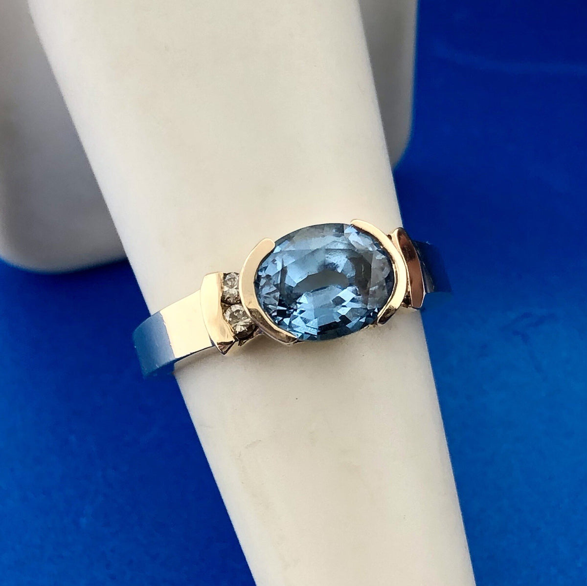 Estate Designer 14K Yellow Gold Oval Blue Topaz Diamond Accented Cocktail Ring