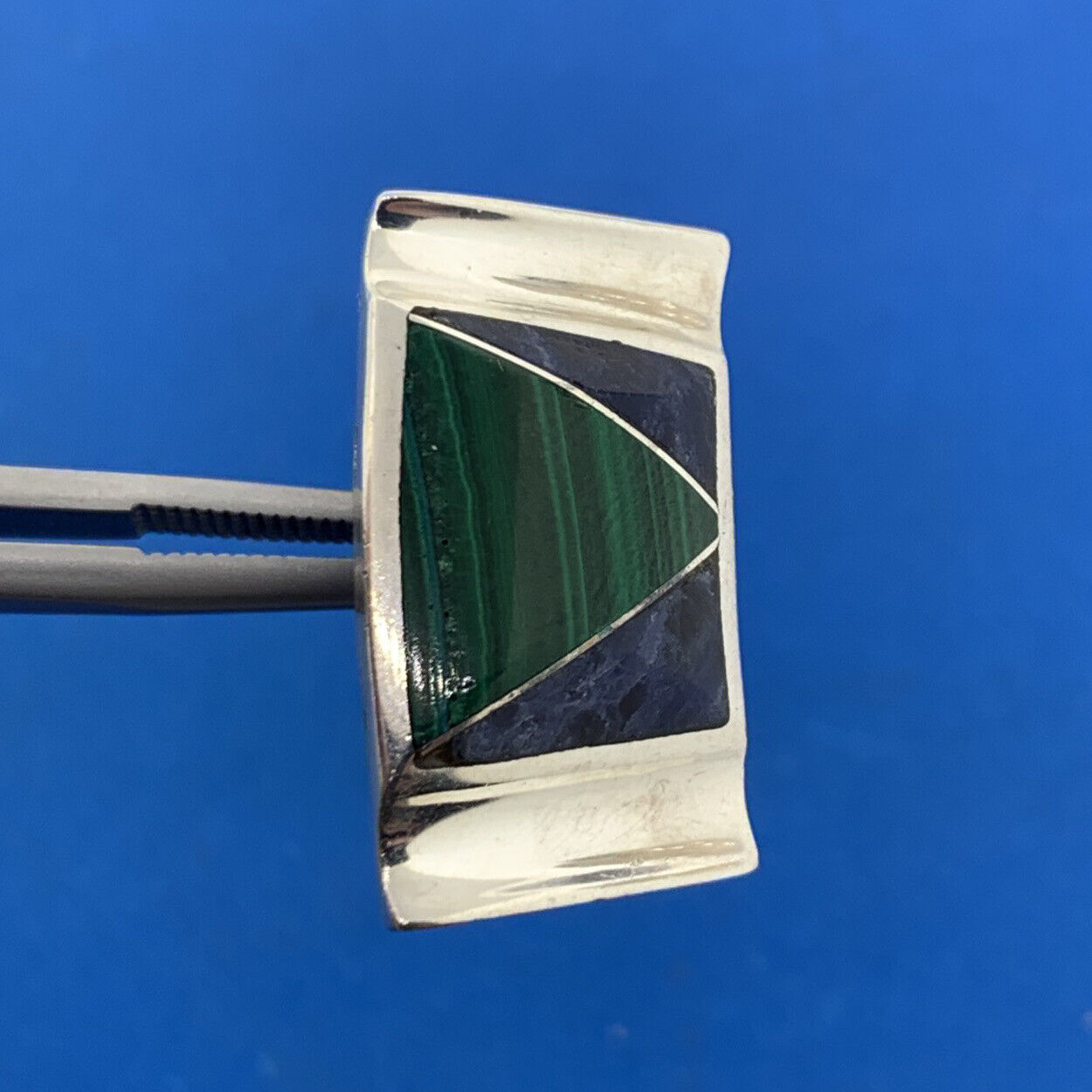 Escorcia Taxco Mexico 950 Silver Lapis Lazuli Malachite Inlay Modernist Earrings