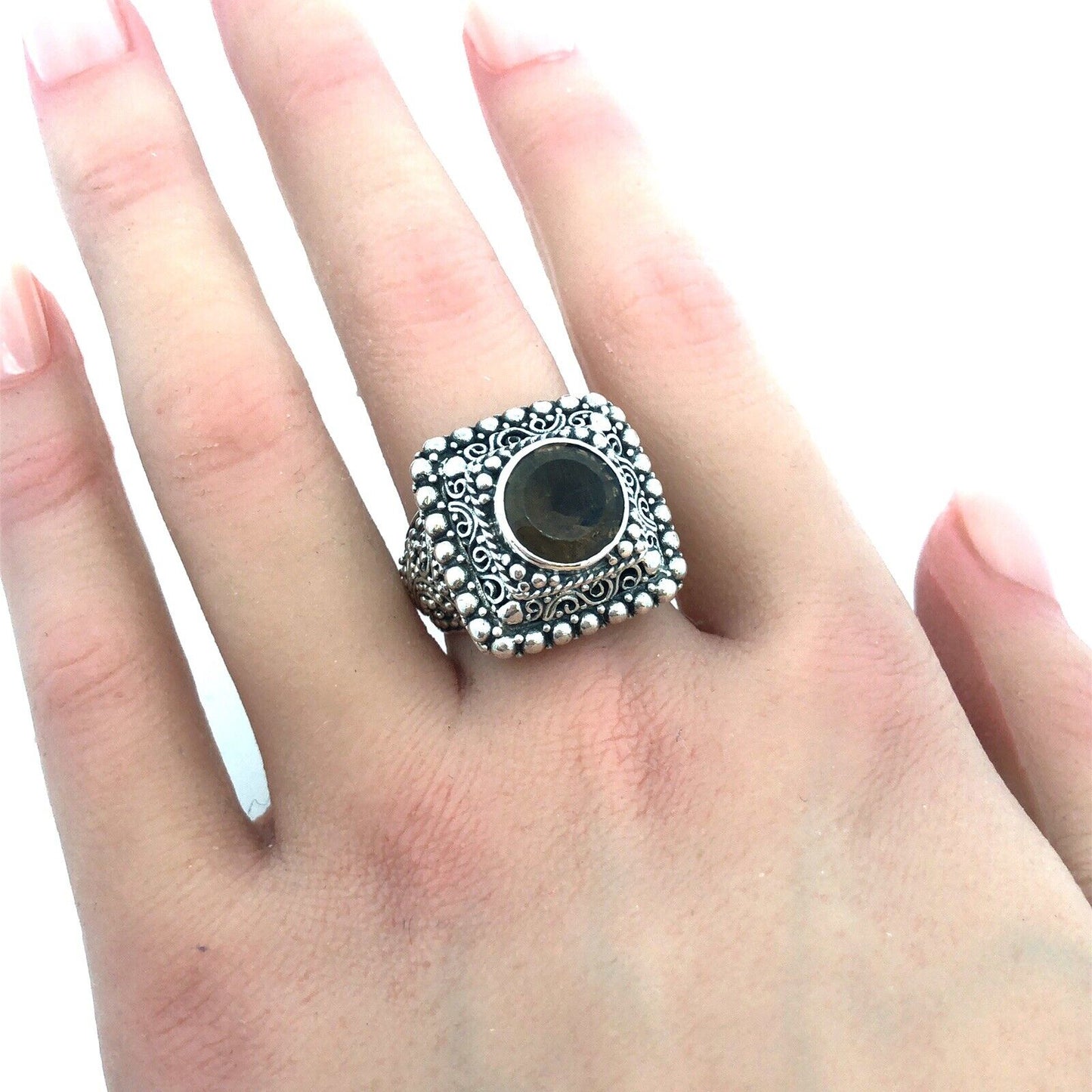 Designer Sarda 925 Sterling Silver Smoky Topa Filigree Square Statement Ring