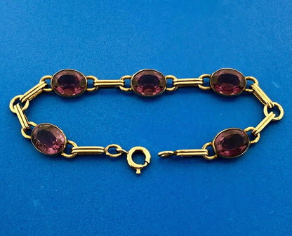 Vintage 12KT Gold Filled Oval Purple Amethyst Station Panel Link Bracelet
