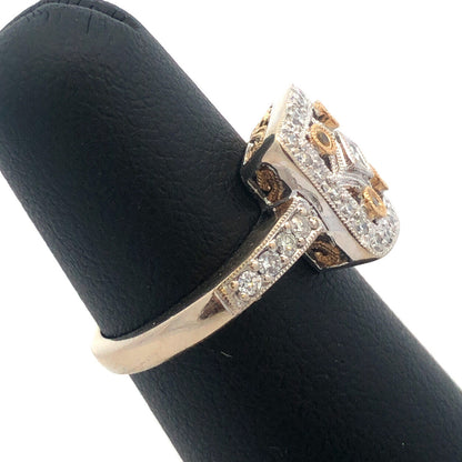 14K White Gold QJM Filigree Yellow White Diamonds Art Deco Style Statement Ring