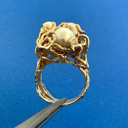 Gorgeous 14k Yellow Gold Triple Gray Pearl Openwork Branch Statement Size 7 Ring