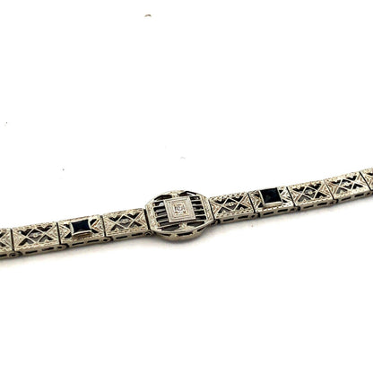 Vintage Art Deco 10K White Gold Diamond Sapphire Filigree Panel Tennis Bracelet
