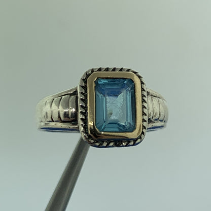Silpada 14K Yellow Gold 925 Sterling Silver Emerald Cut Blue Topaz Cocktail Ring