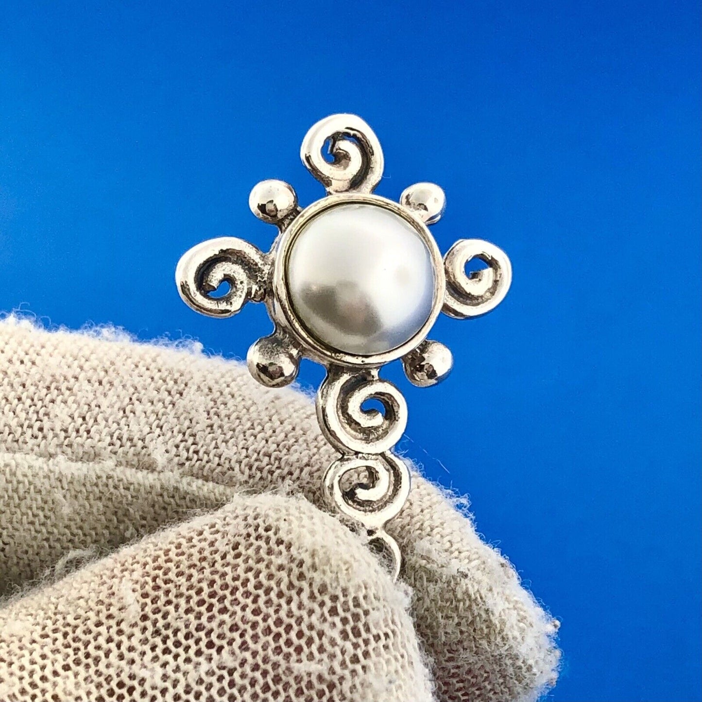 Designer JM Sterling Silver Mabe Pearl Whimsical Swirl Snake Chain 19" Necklace