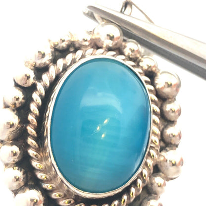 Designer ATI Mexico 925 Sterling Silver Oval Blue Cat's Eye Statement Pendant
