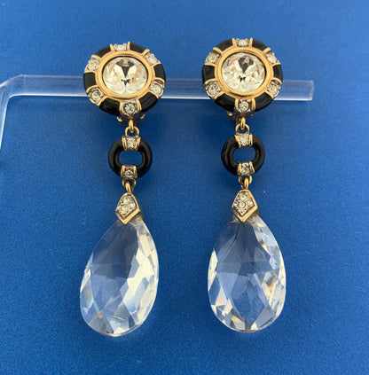Retro Swarovski Gold Tone Enamel Crystal Statement Clip On Drop Dangle Earrings