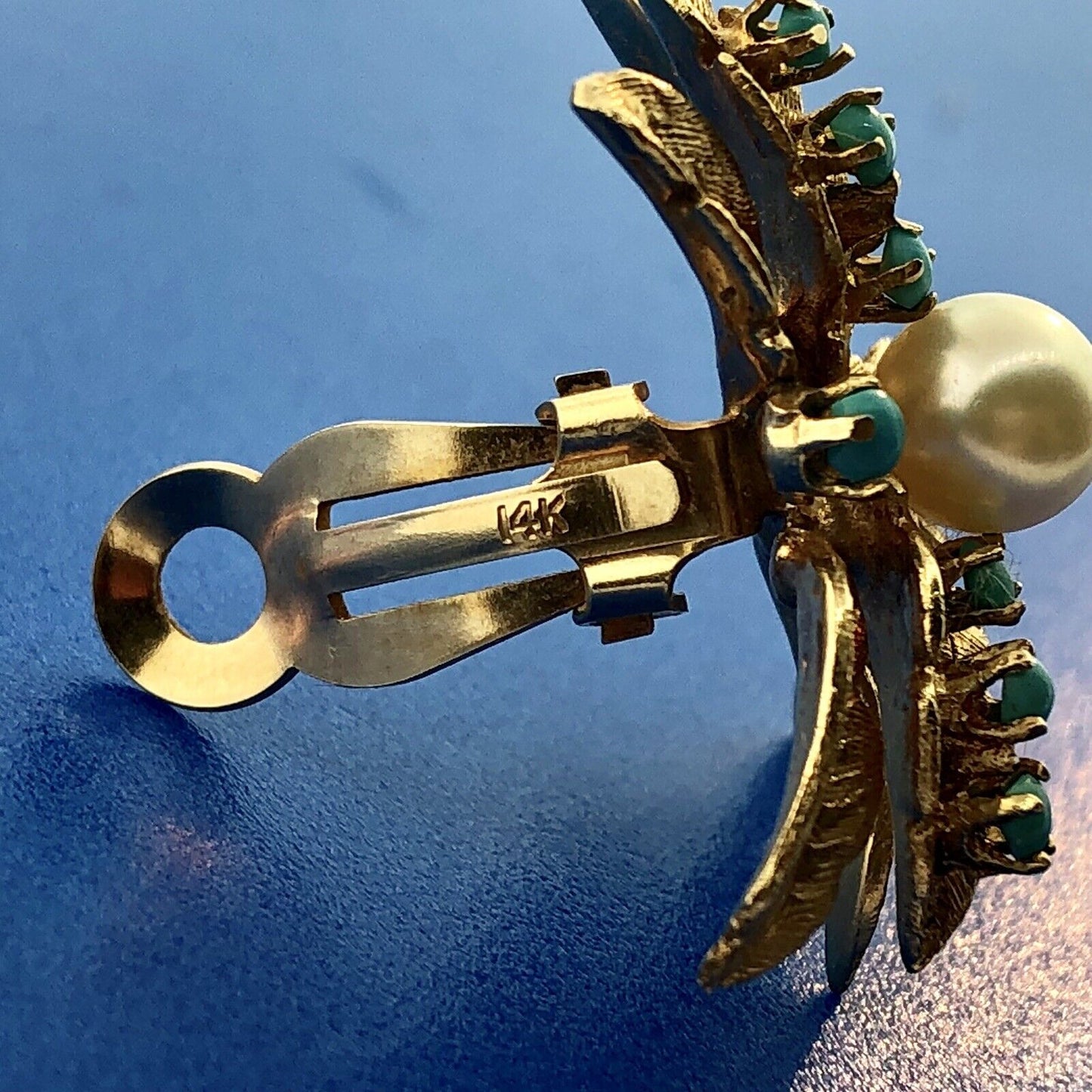 Vintage 14K Yellow Gold Pearl Turquoise Leaf Design Statement Clip Earrings