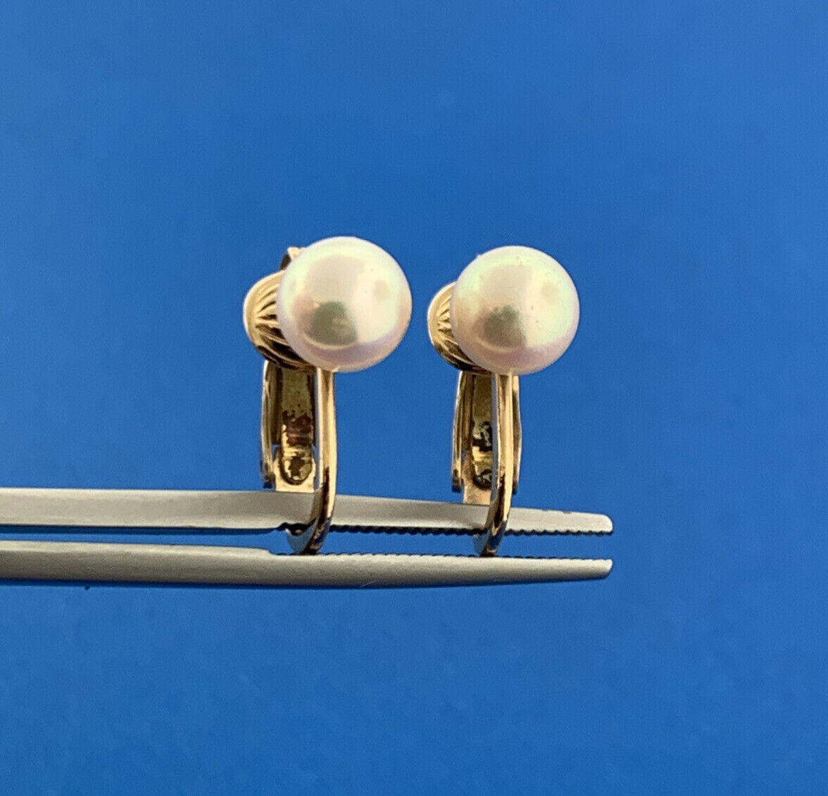 Gorgeous 14k Yellow Gold Cabochon 6.5mm White Pearl Leverback Drop Earrings