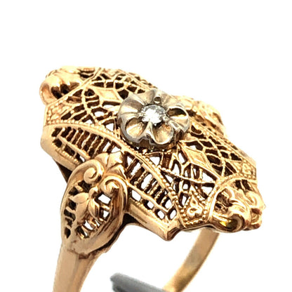 Vintage 10K Yellow Gold Diamond Floral Filigree Statement Finger Ring