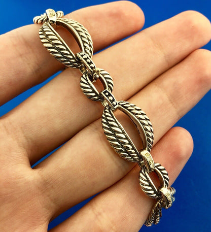 Designer 925 Sterling Silver 14K Gold Diamond Ribbed Cable Link Tennis Bracelet