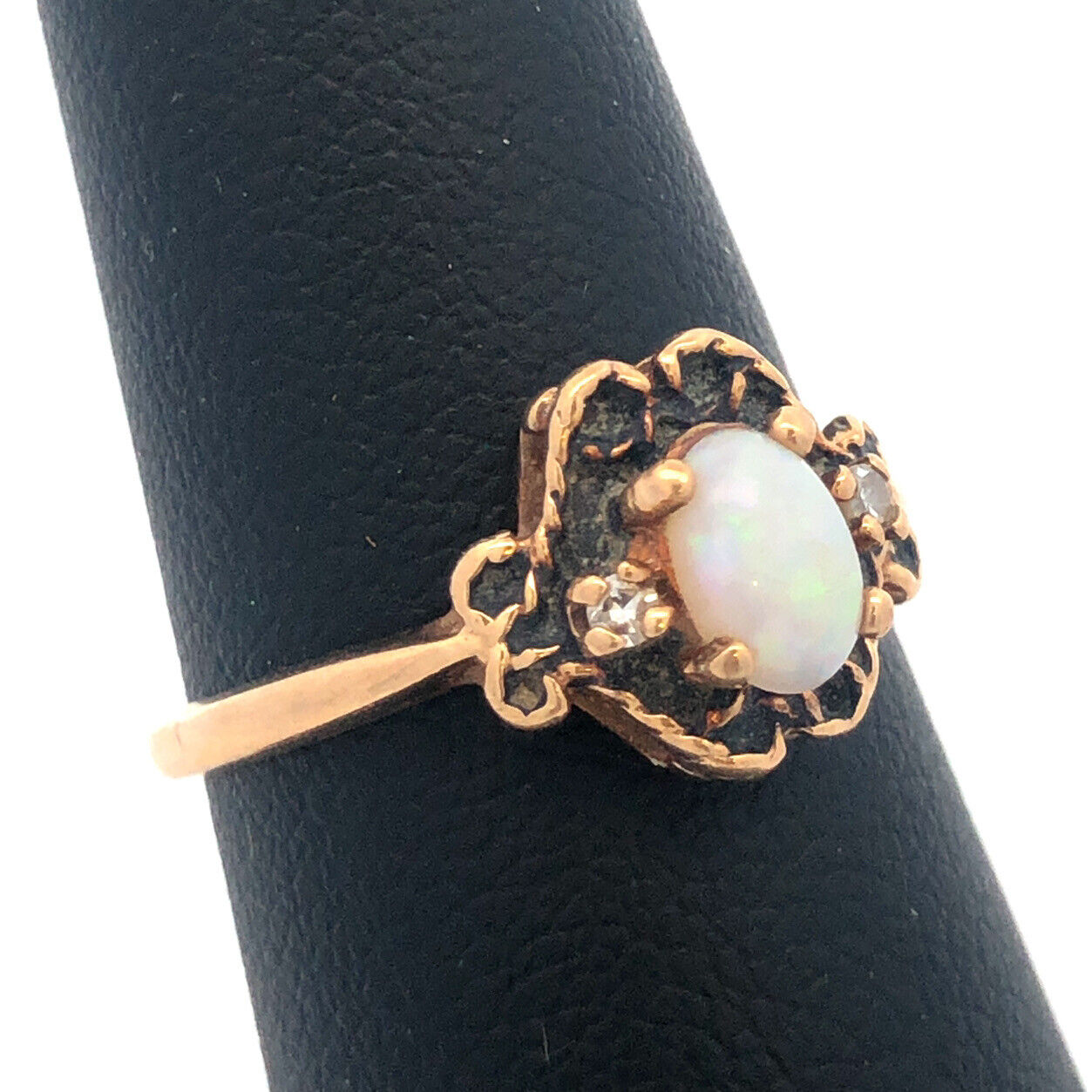 Retro 10K Yellow Gold Oval Opal Diamond Accent October Anniversary Ring