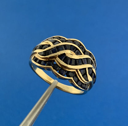 Retro Designer 10K Yellow Gold Sapphire Wave Channel Tapered Dome Cocktail Ring
