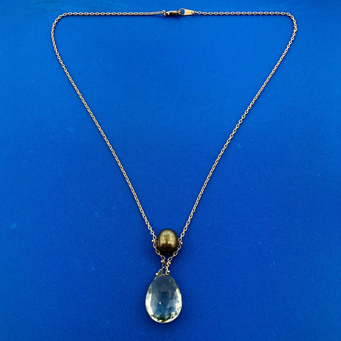 Gorgeous 14k Yellow Gold Teardrop Peridot Green Pearl 18" Oval Link Necklace