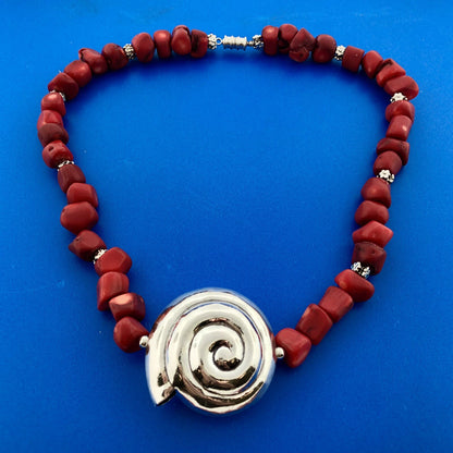 Estate 925 Sterling Silver Chunky Red Coral Snail Pendant Statement Necklace
