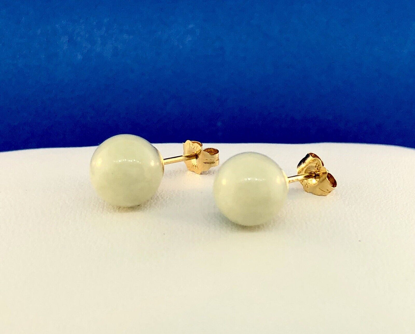 Designer 14K Yellow Gold Jade Jadeite Bead Ball Stud Earrings