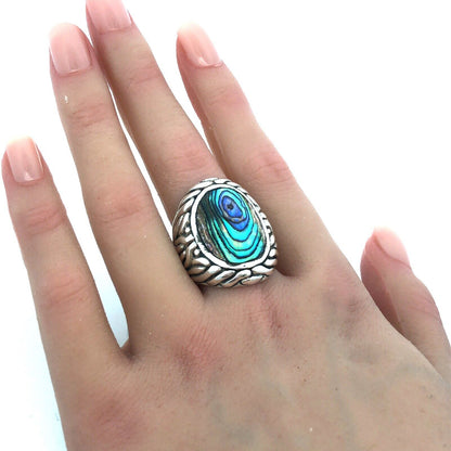 Designer CFJ 925 Sterling Silver Oval Abalone Textured Modernist Dome Ring