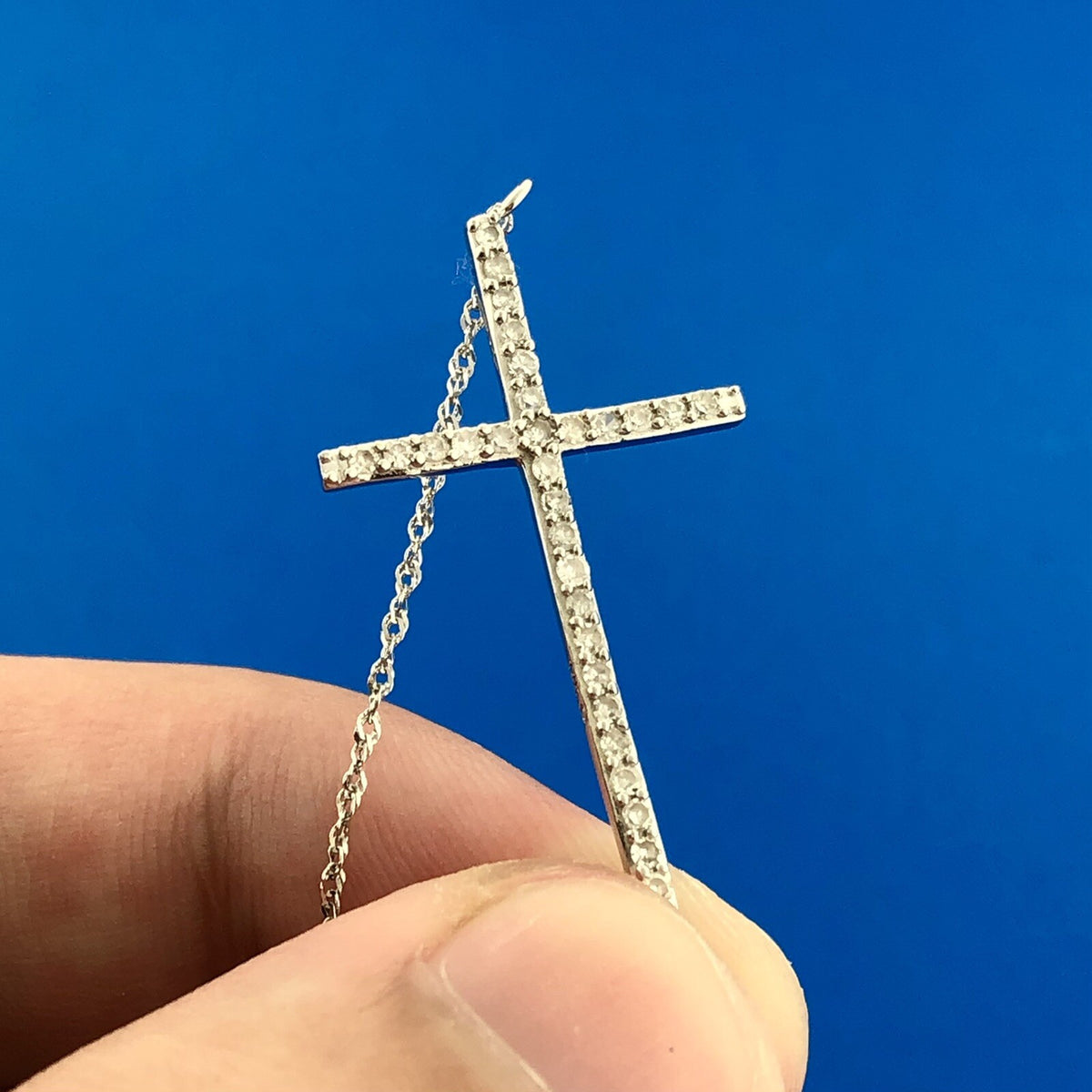 Designer 14K White Gold Diamond Bar Cross Religious Communion Easter Necklace