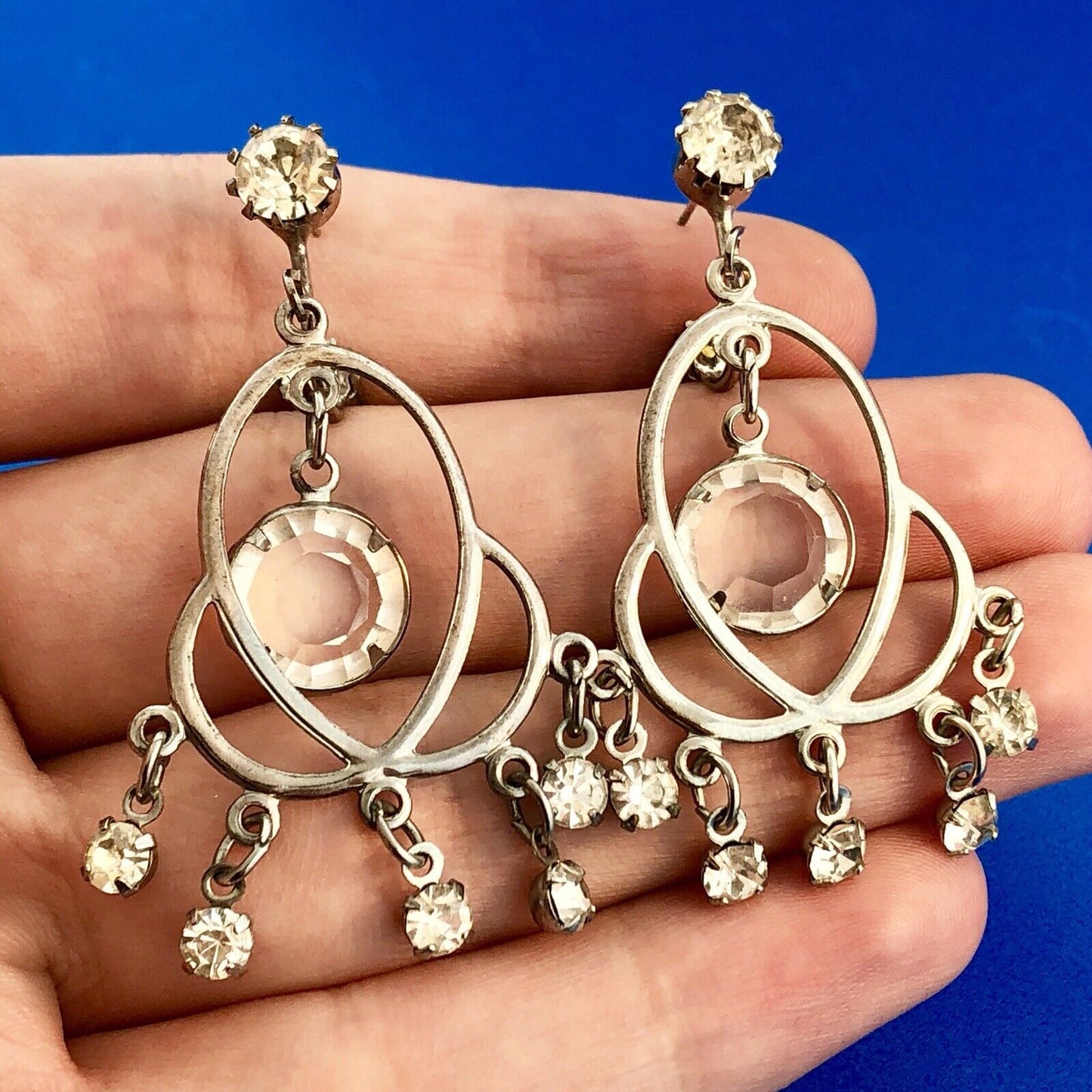 Vintage Celebrity Silver Tone Rhinestone Chandelier Drop Bridal Wedding Earrings