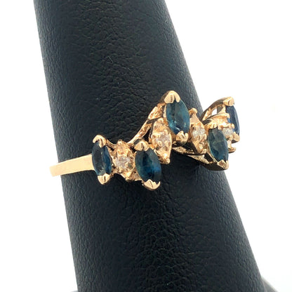 Estate 14K Yellow Gold Marquise London Blue Topaz Diamond Stacking Band Ring