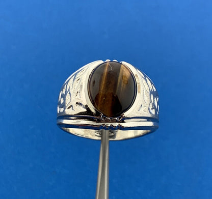 Vintage Designer 925 Sterling Silver Oval Tiger Eye Cabochon Unisex Dome Ring