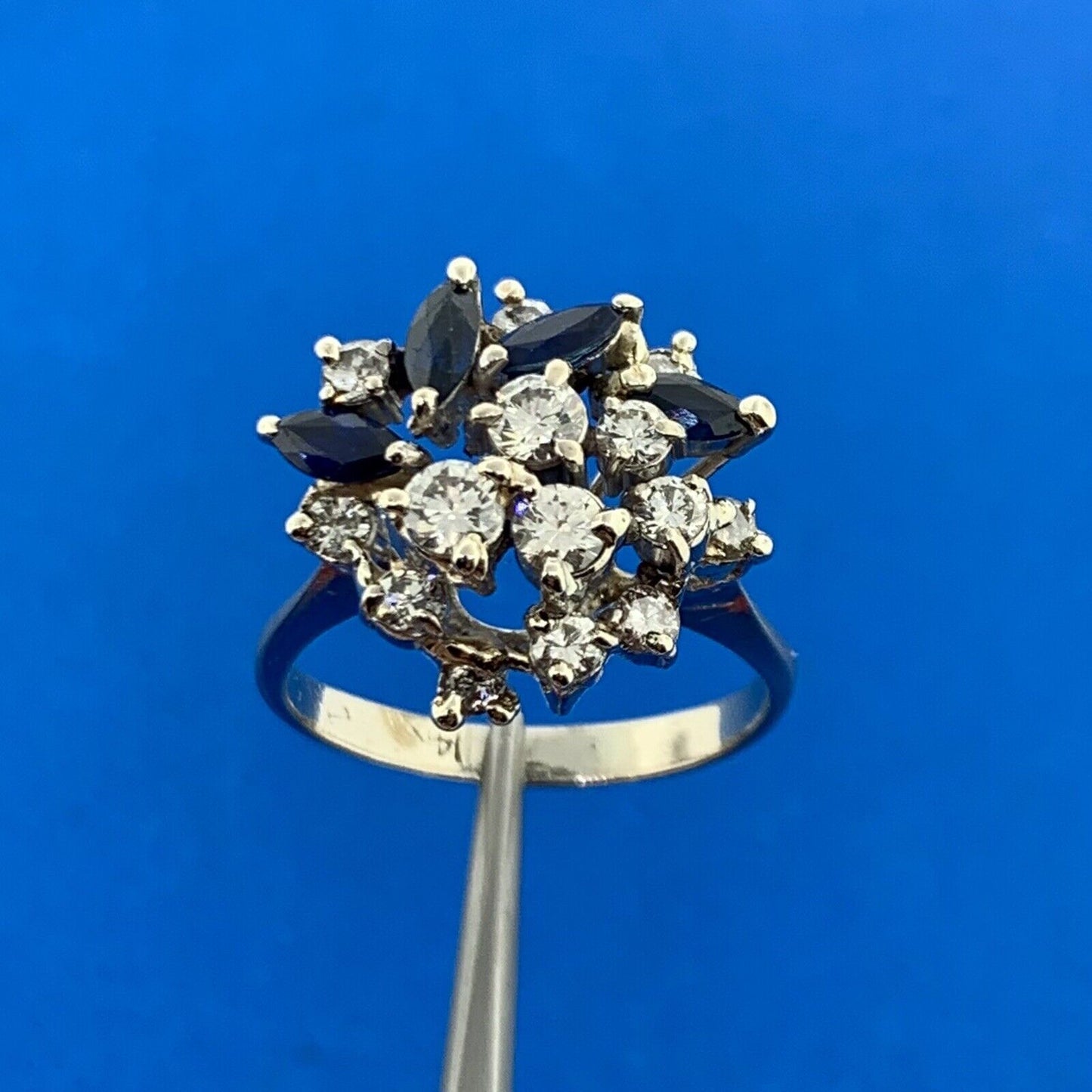 14K White Gold Diamond Sapphire Cluster Statement Anniversary Cocktail Ring