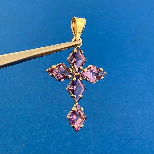 Designer Mexico 14K Yellow Gold Amethyst Religious Communion Cross Pendant