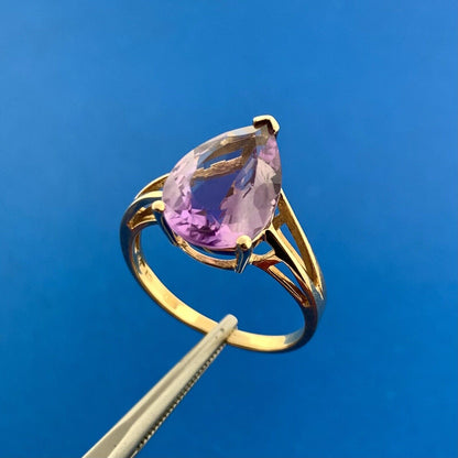 Designer 10k Yellow Gold Pear Cut Purple Amethyst Statement Ring Size 8.75